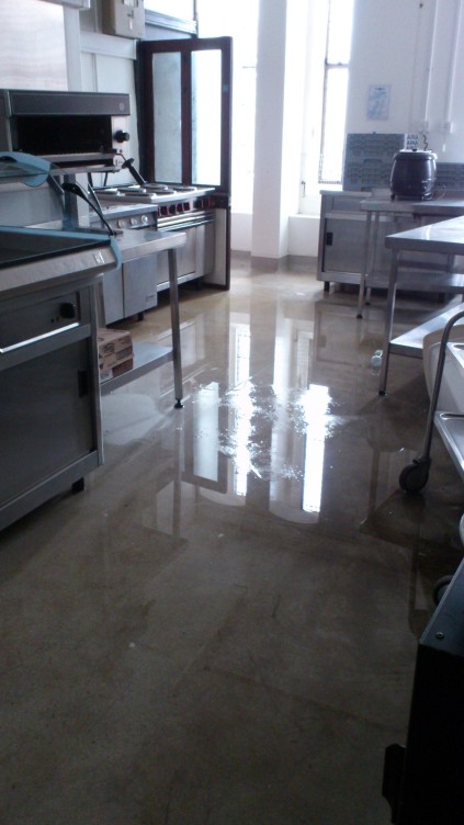 the kitchen on the 3rd floor, not yet mopped. Water is about 1cm deep
